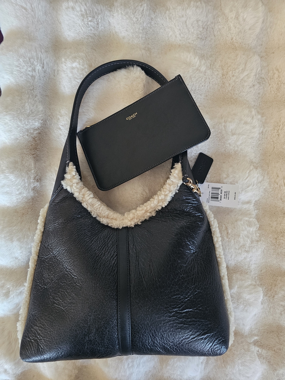Coach NWT Brooklyn 28 Black Leather Shearling-Trim Hobo Bag with Wristlet